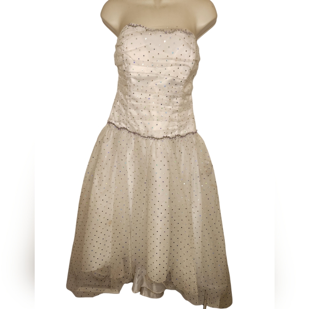 Y2K Night Way Strapless Sequin Tulle Dress White Lavendar Trim XS Small